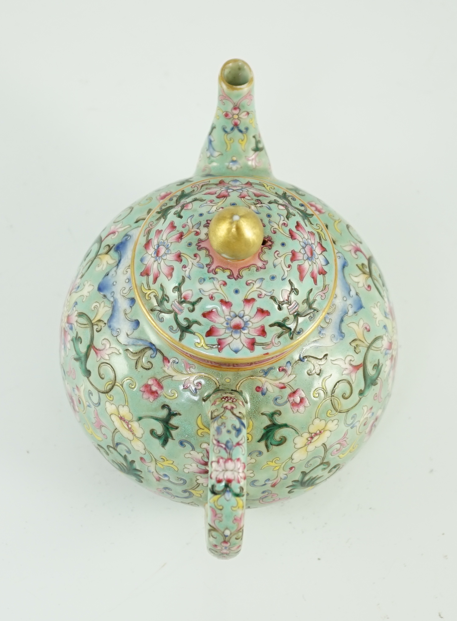 A Chinese turquoise ground enamelled porcelain teapot and cover, Jiaqing seal mark but Republic period